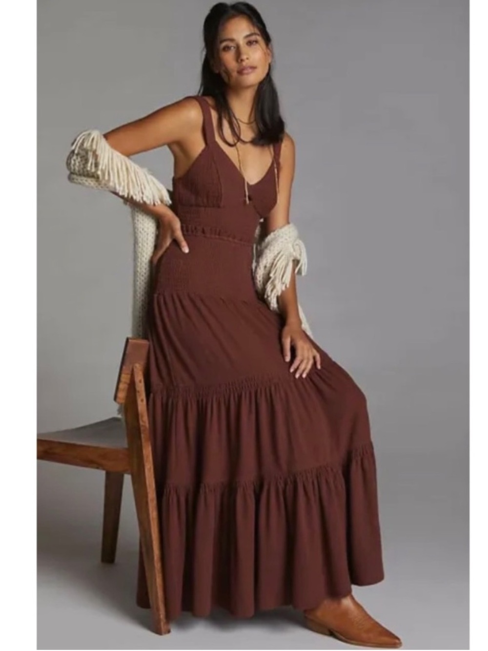 Anthro Ruched Tiered Maxi Dress Size S